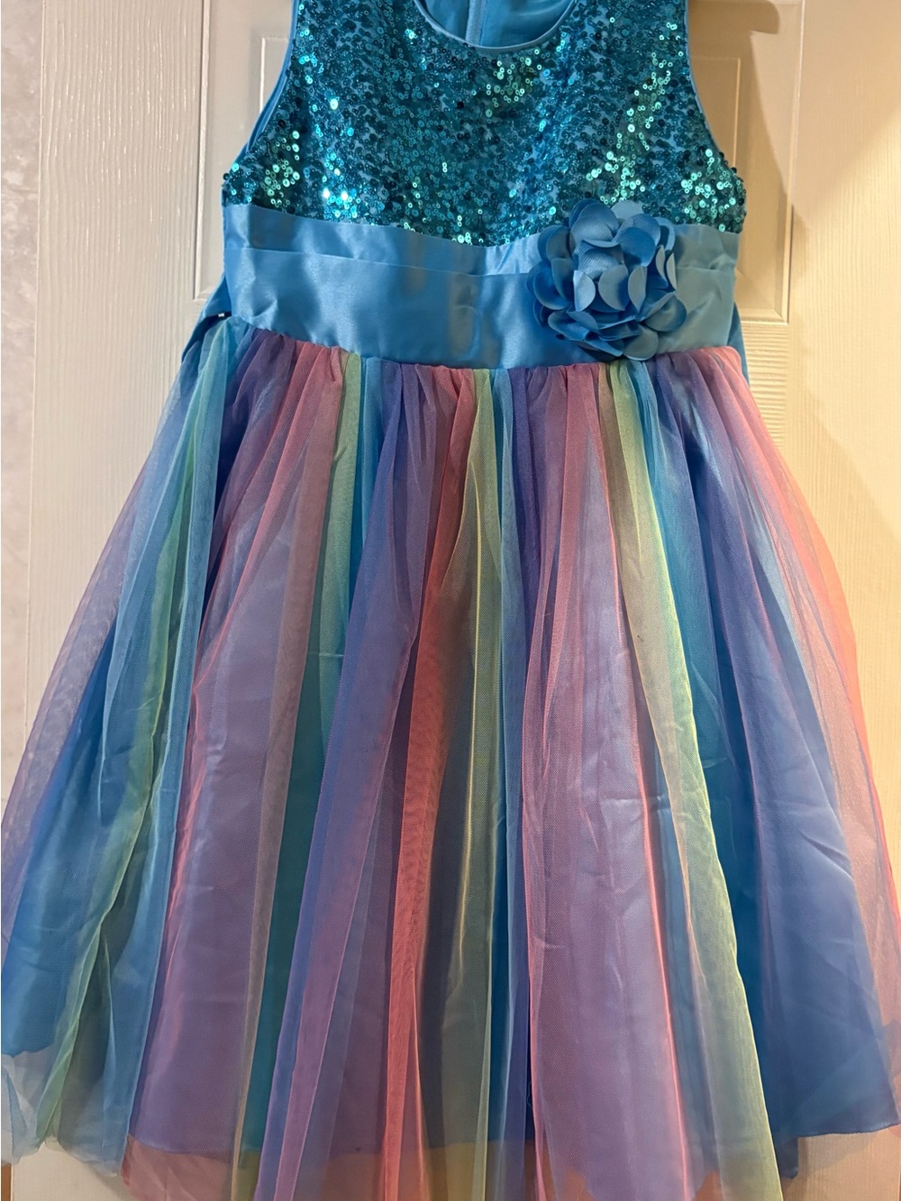 Girls' Blue Sequin & Pastel Tulle Dress with Flower Waist